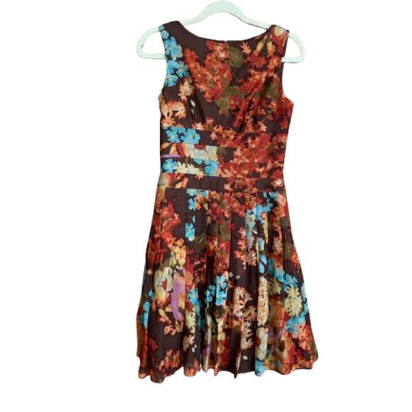 Kay Unger Women's Floral Brown Silk Wool Blend 2 Pleated Midi A-Line Dress GUC - Picture 1 of 15